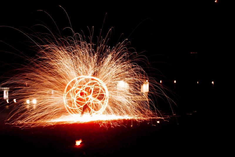 Fire dancing show in the night street outdoors, freeze light long exposure effect Fire dancing show in the night street outdoors, freeze light long exposure effect